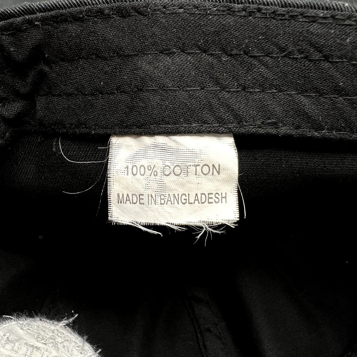 Raree Finds black cotton hat interior care label stating 100 percent cotton and made in Bangladesh