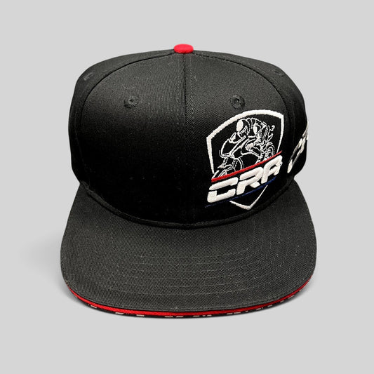 Raree Finds black snapback hat with embroidered CRA California RoadRace Association logo and printed underbrim