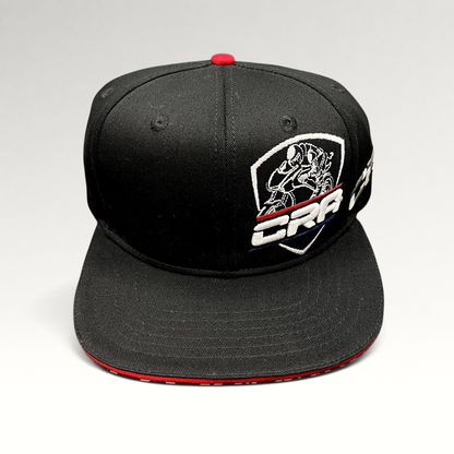 Raree Finds black snapback hat with embroidered CRA motorcycle racing logo, red button, and printed underbrim