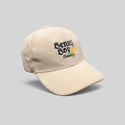 Raree Finds cream corduroy Benny Boy Brewing strapback hat with embroidered logo and beer glass graphic