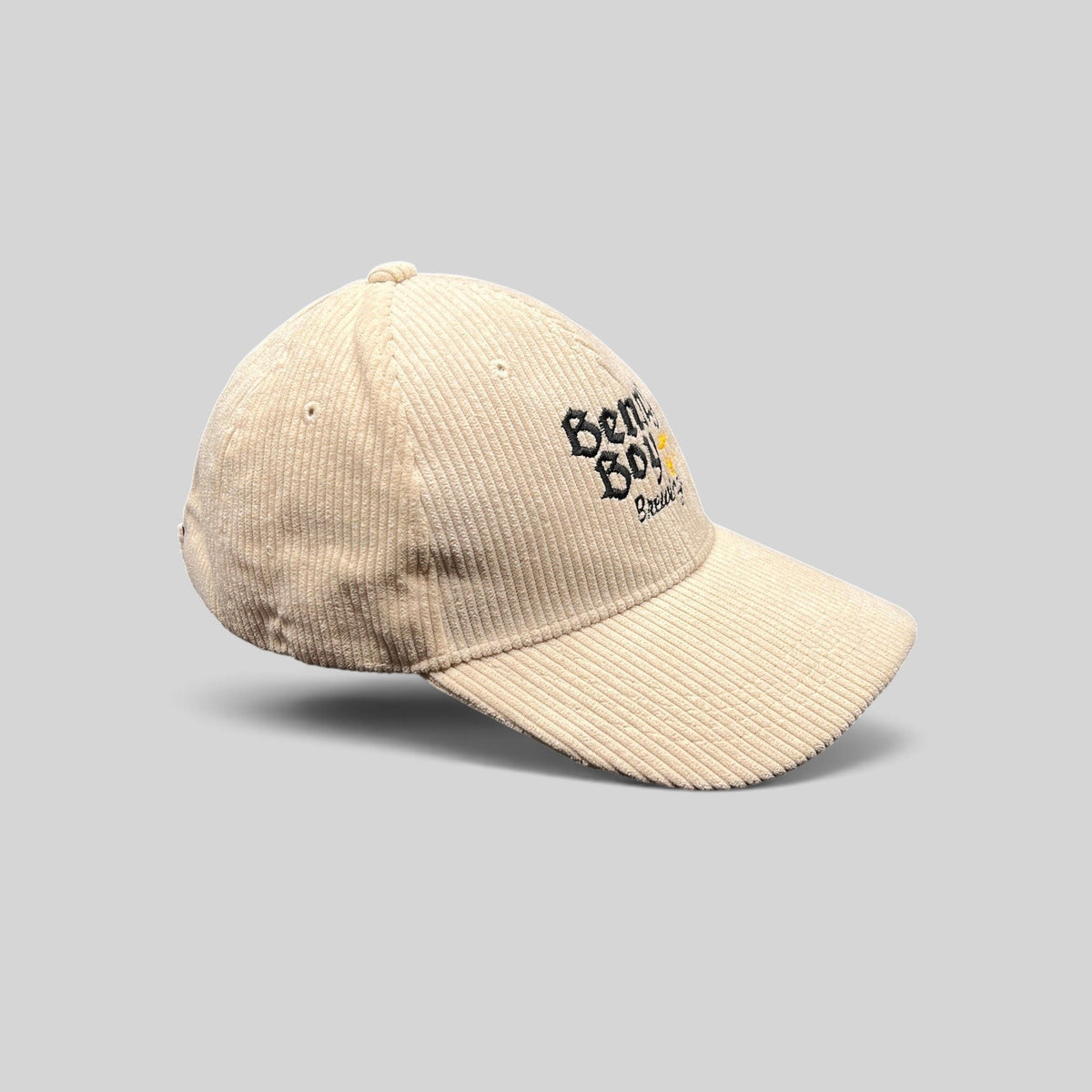 Raree Finds cream corduroy Benny Boy Brewing strapback hat with embroidered logo and curved brim