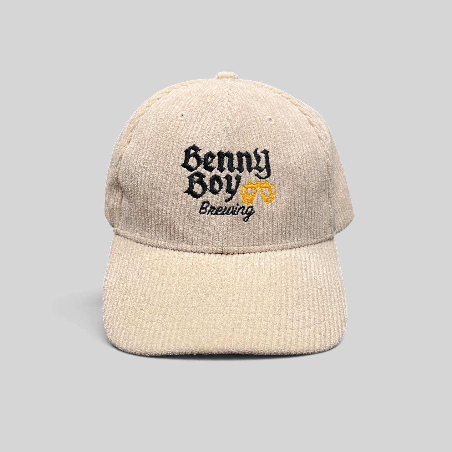 Raree Finds cream corduroy strapback hat with Benny Boy Brewing logo and embroidered beer glass graphic