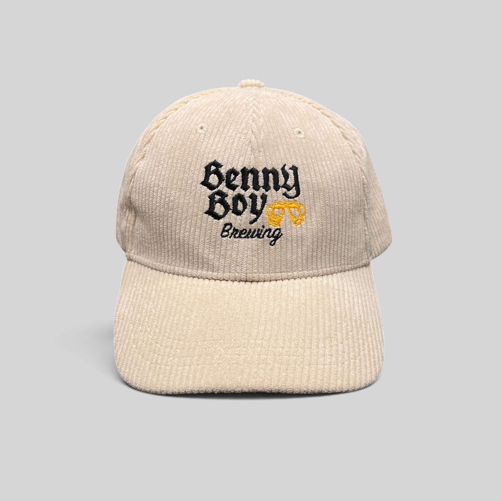 Raree Finds cream corduroy strapback hat with Benny Boy Brewing logo and embroidered beer glass graphic