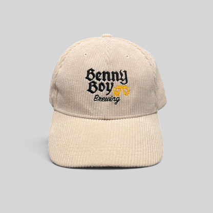 Raree Finds cream corduroy strapback hat with Benny Boy Brewing logo and embroidered beer glass graphic