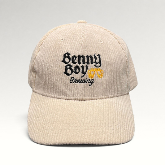 Raree Finds cream corduroy strapback hat with Benny Boy Brewing logo and embroidered beer glass graphic