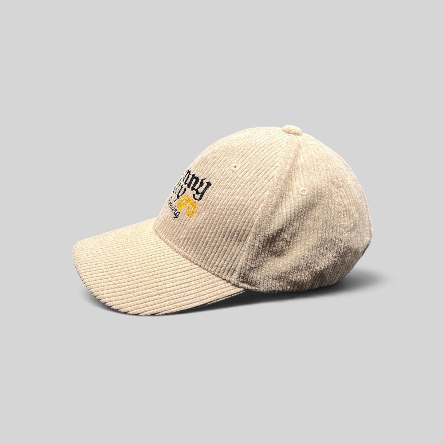 Raree Finds cream corduroy Benny Boy Brewing strapback hat with embroidered logo and curved brim