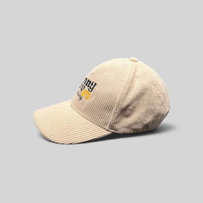 Raree Finds cream corduroy Benny Boy Brewing strapback hat with embroidered logo and curved brim