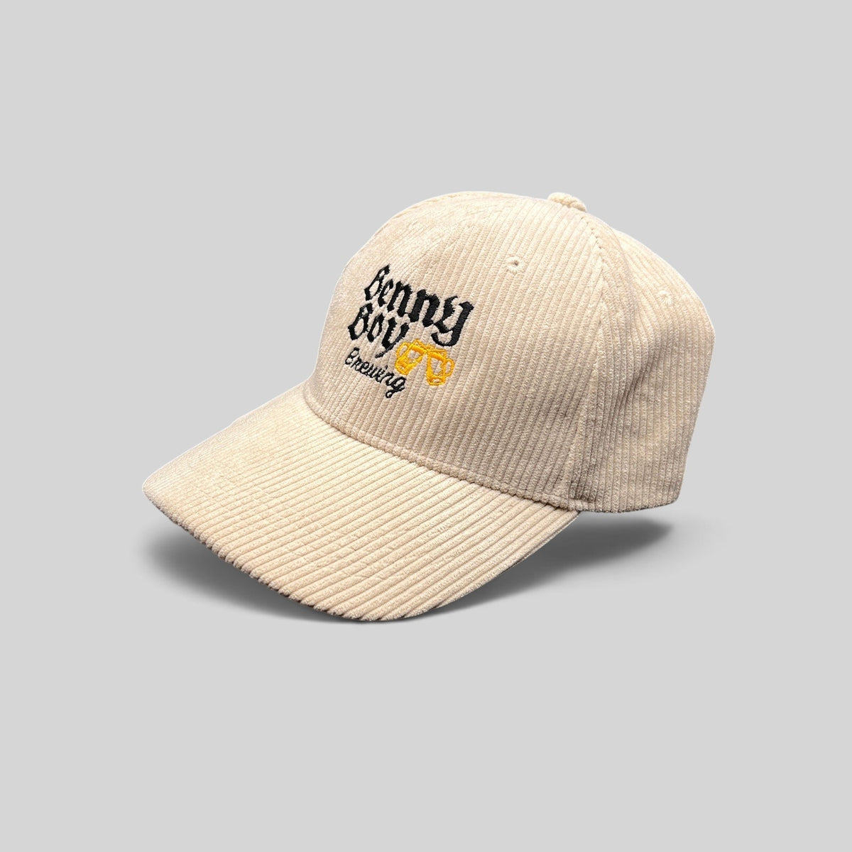 Raree Finds cream corduroy strapback hat featuring Benny Boy Brewing logo and beer glass embroidery