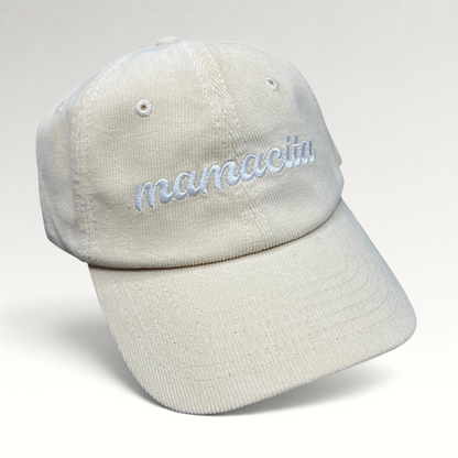 Raree Finds cream corduroy strapback hat with white Mamacita embroidery in a minimalist low-profile streetwear style.