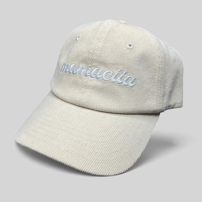 Raree Finds cream corduroy strapback hat with Mamacita embroidered in white script on the front