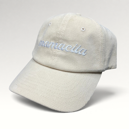 Raree Finds cream corduroy strapback hat with Mamacita embroidered in white script on the front