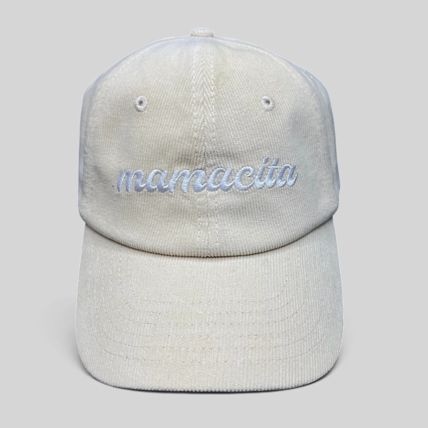 Raree Finds cream corduroy strapback hat with white Mamacita script embroidery and low-profile unstructured fit
