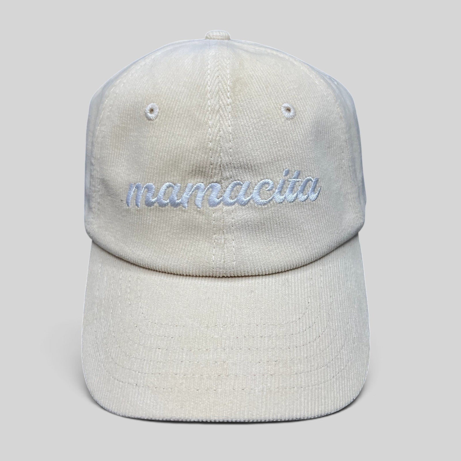 Raree Finds cream corduroy strapback hat with white Mamacita script embroidery and low-profile unstructured fit