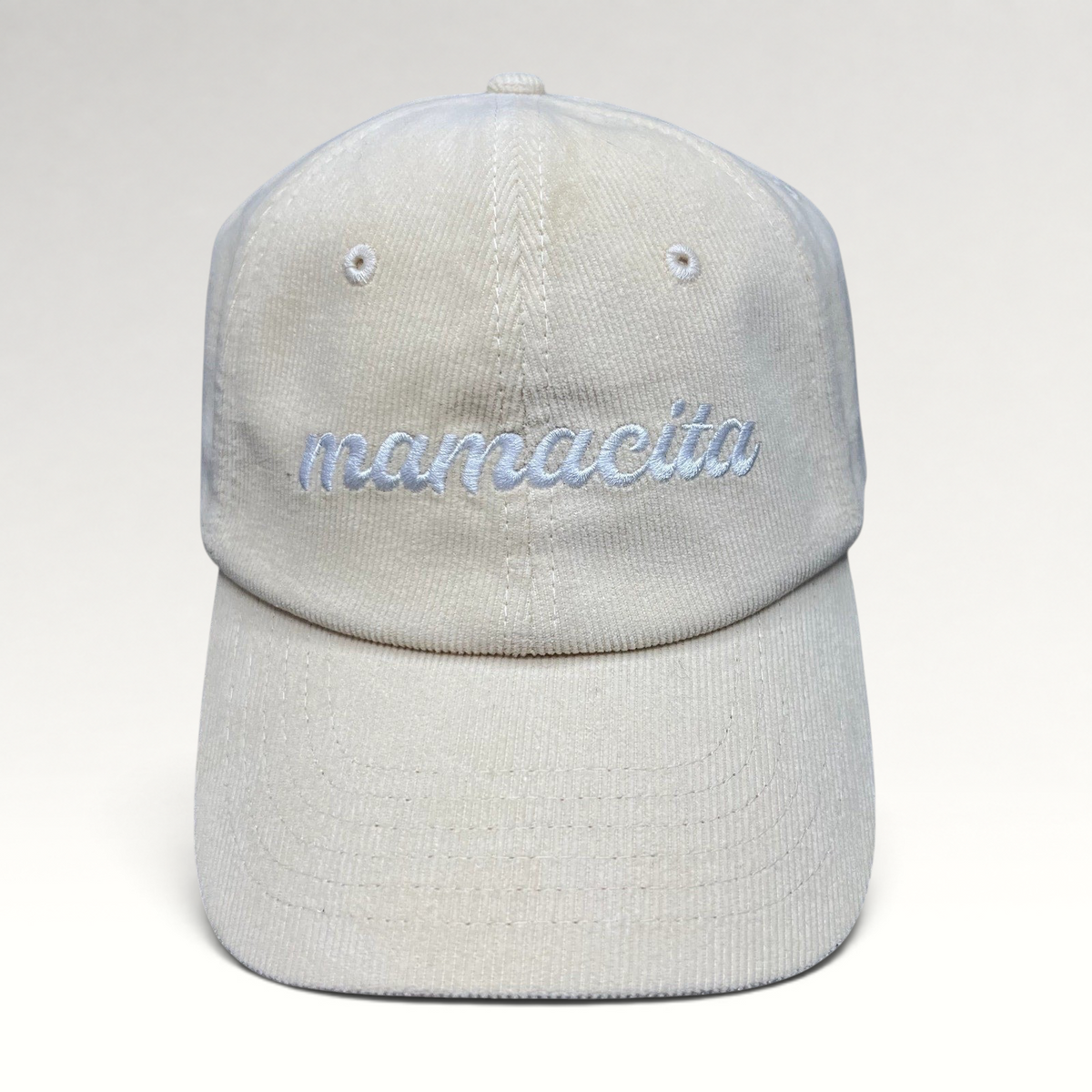 Raree Finds cream corduroy strapback hat with white Mamacita script embroidery and low-profile unstructured fit