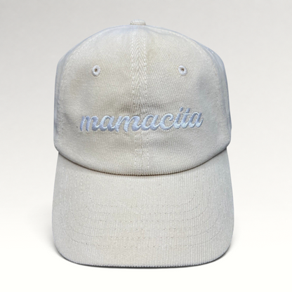 Raree Finds cream corduroy strapback hat with white Mamacita script embroidery and low-profile unstructured fit