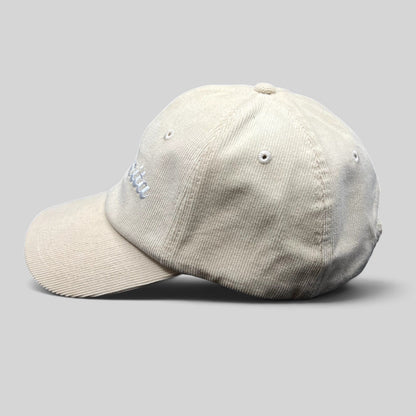 Raree Finds cream corduroy strapback hat with Mamacita embroidery in a minimalist low-profile streetwear style