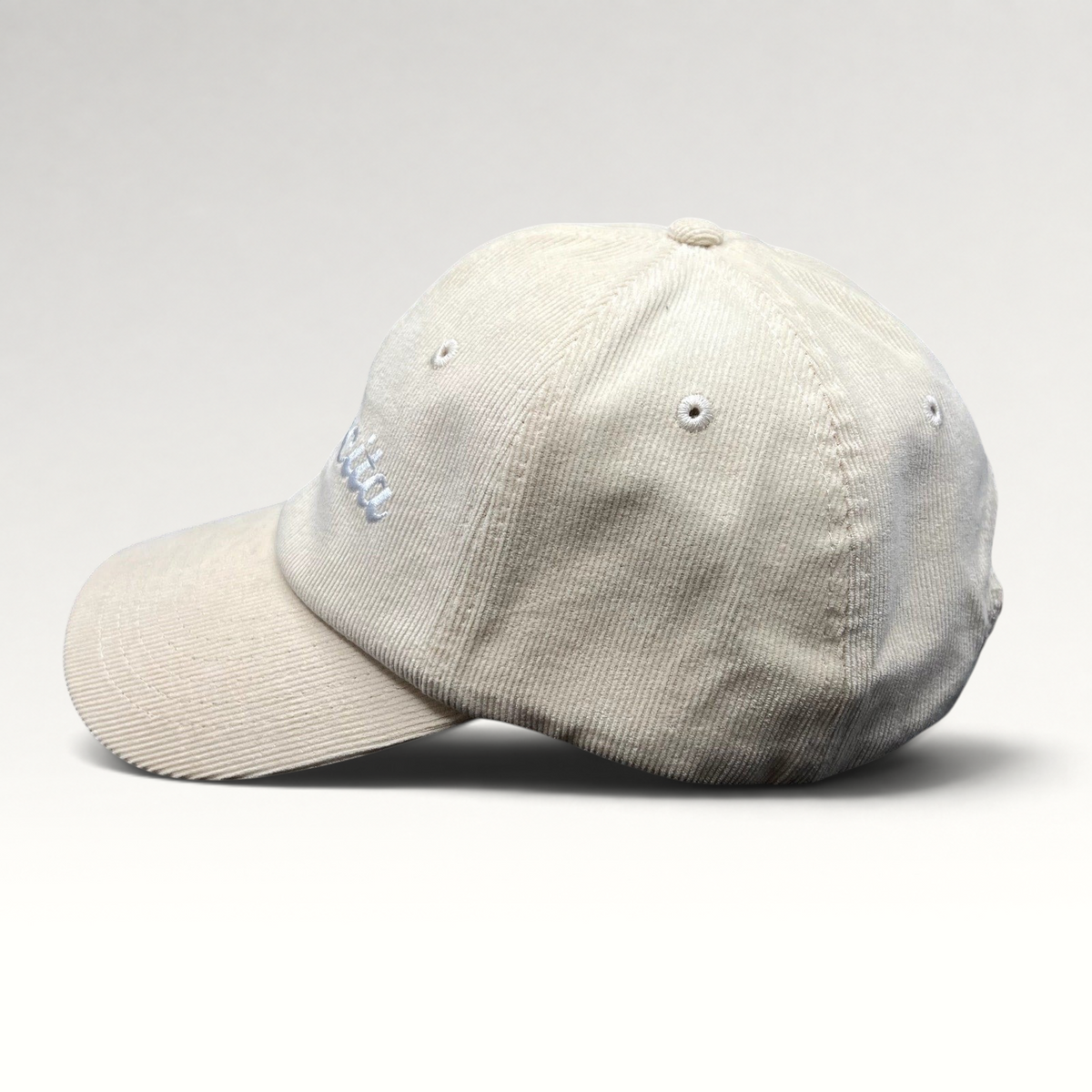 Raree Finds cream corduroy strapback hat with Mamacita embroidery in a minimalist low-profile streetwear style