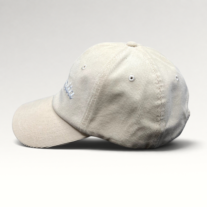 Raree Finds cream corduroy strapback hat with Mamacita embroidery in a minimalist low-profile streetwear style