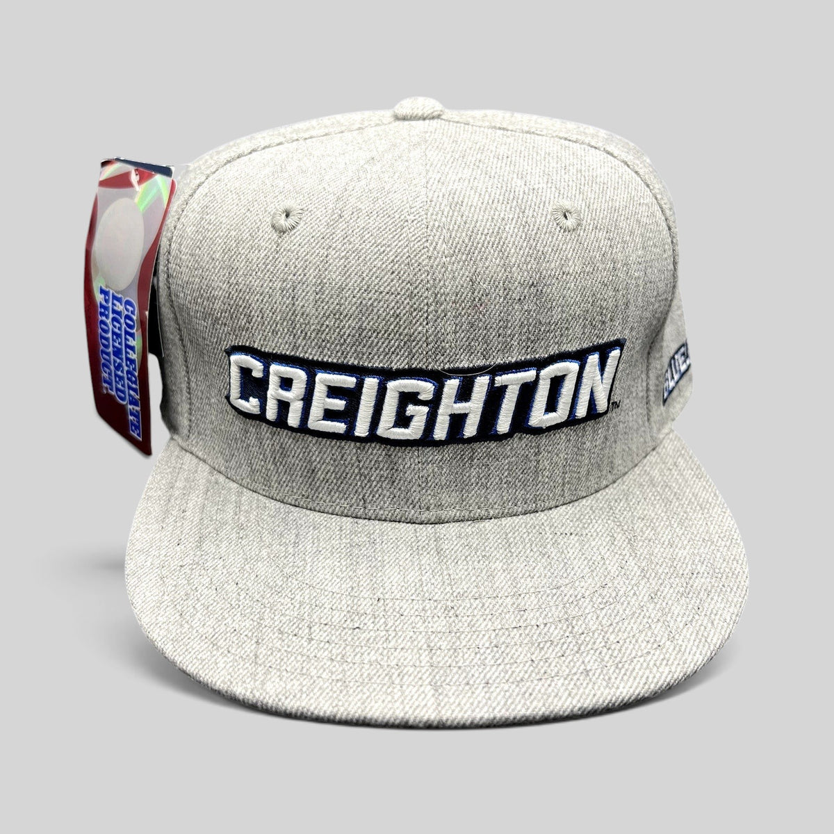 Raree Finds gray wool blend Creighton Bluejays fitted hat with raised embroidered script and flat bill