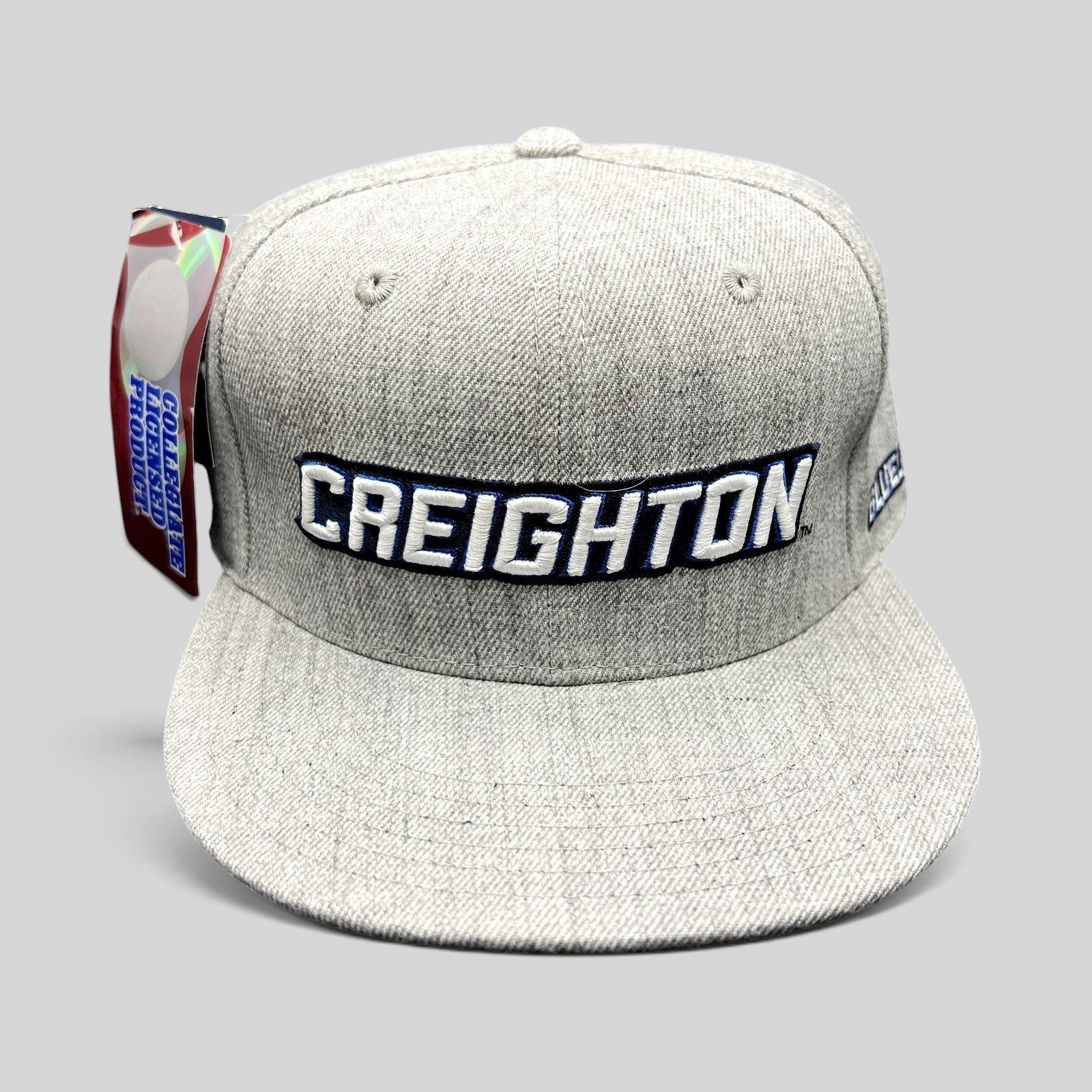 Raree Finds gray wool blend Creighton Bluejays fitted hat with raised embroidered script and flat bill