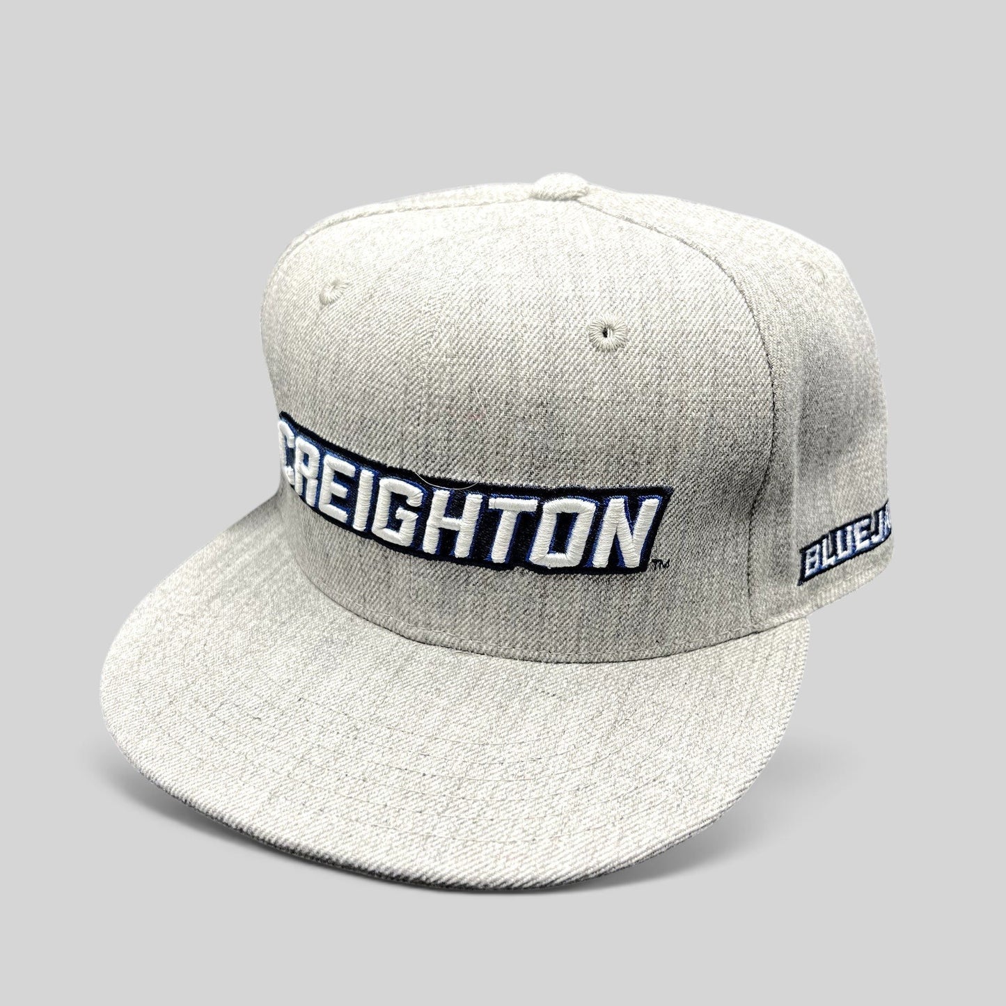 Raree Finds gray wool blend Creighton Bluejays fitted hat with raised embroidered script and flat bill