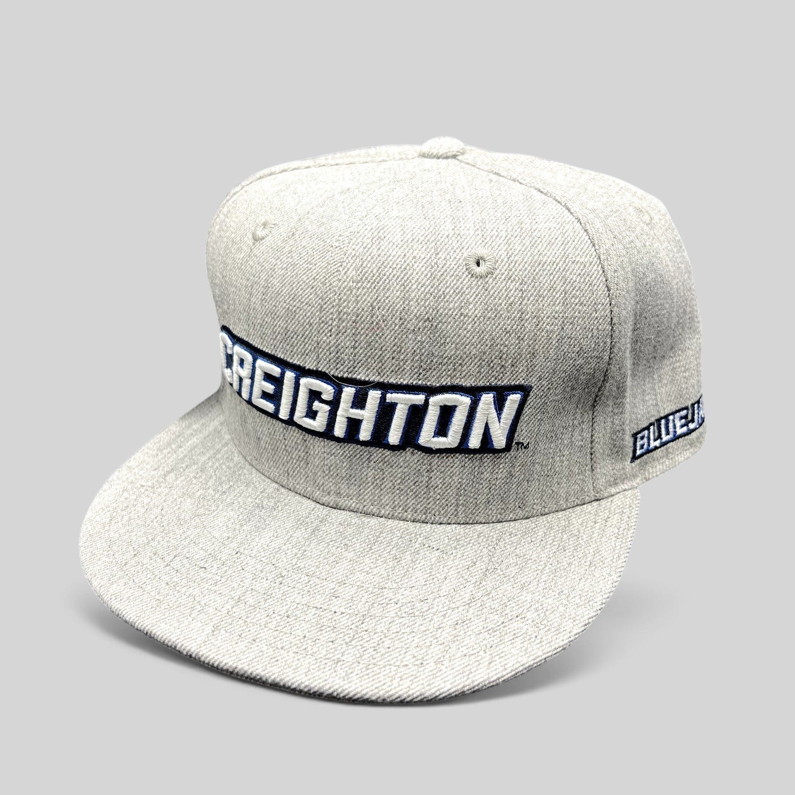Raree Finds gray wool blend Creighton Bluejays fitted hat with raised embroidered script and flat bill