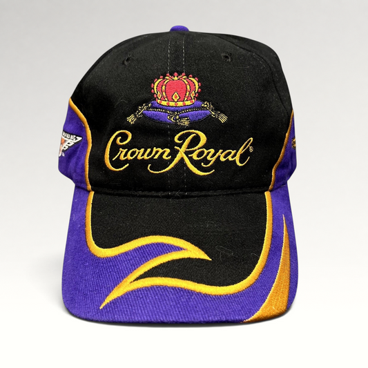 Raree Finds vintage 2003 Crown Royal Roots strapback hat in black and purple with gold embroidered logo and visor trim.