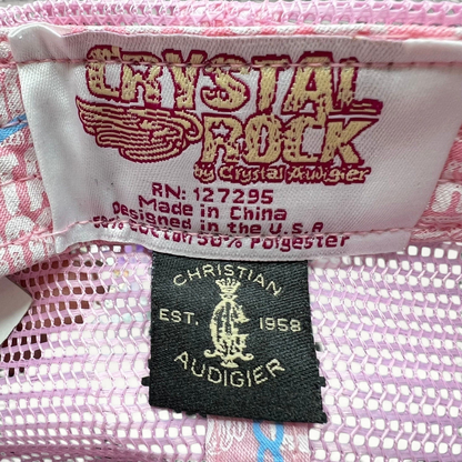 Raree Finds Crystal Rock by Christian Audigier trucker hat inner brand and care labels with pink mesh detail