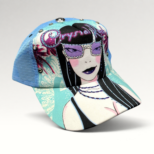 Raree Finds Crystal Rock by Christian Audigier teal trucker hat with rhinestone graphic and mesh back