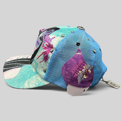 Raree Finds Crystal Rock by Christian Audigier blue teal Y2K trucker hat with rhinestone and stud embellishments