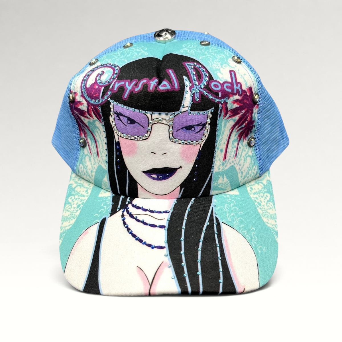 Raree Finds Crystal Rock by Christian Audigier teal trucker hat with rhinestone graphic and mesh back