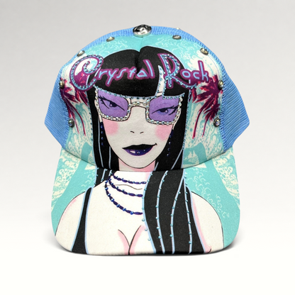 Raree Finds Crystal Rock by Christian Audigier teal trucker hat with rhinestone graphic and mesh back