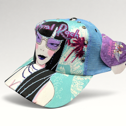 Raree Finds Crystal Rock by Christian Audigier teal Y2K trucker hat with rhinestone graphic and mesh back