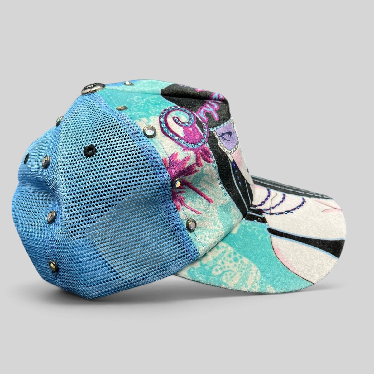 Raree Finds Crystal Rock by Christian Audigier teal blue Y2K trucker hat with rhinestone and metallic stud detailing