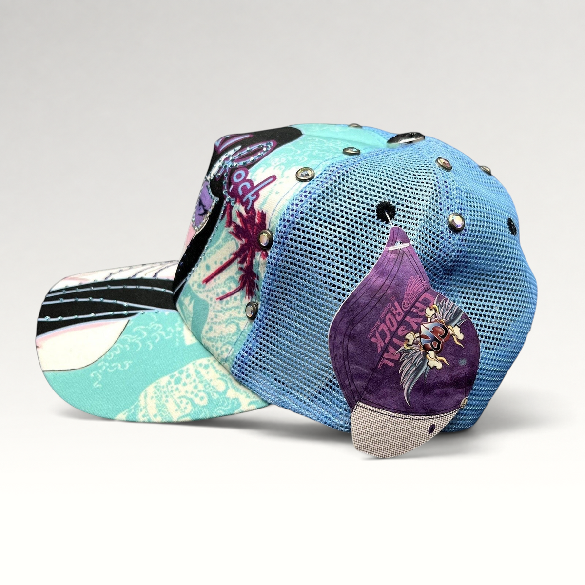 Raree Finds Crystal Rock by Christian Audigier teal Y2K trucker hat with rhinestone studs and graphic print