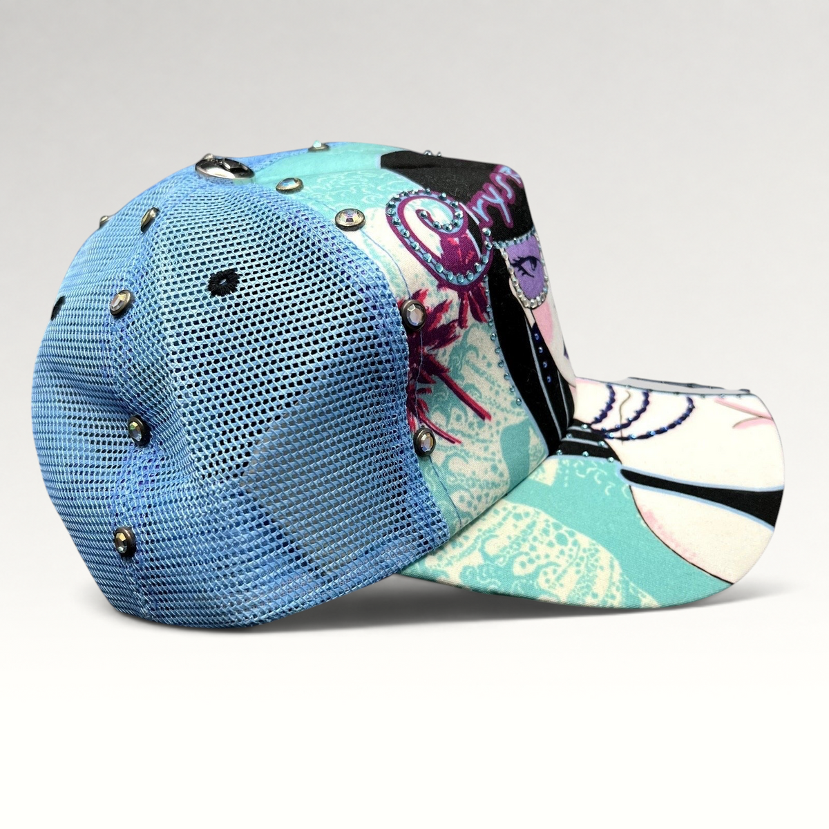 Raree Finds Crystal Rock by Christian Audigier teal Y2K trucker hat with rhinestone embellishments and graphic art