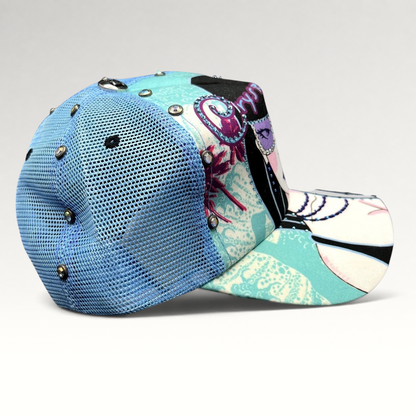 Raree Finds Crystal Rock by Christian Audigier teal Y2K trucker hat with rhinestone embellishments and graphic art