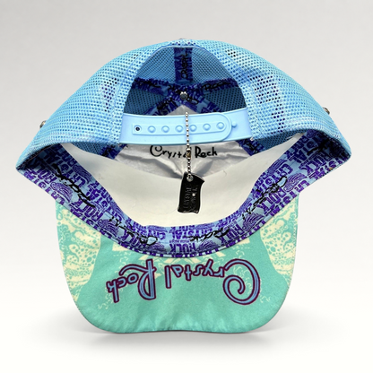 Raree Finds Crystal Rock by Christian Audigier teal mesh trucker hat with branded interior tape and metal tag