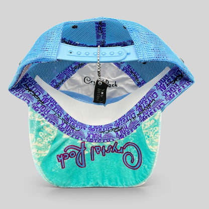 Raree Finds Crystal Rock by Christian Audigier blue trucker hat interior showing mesh back and branded inner taping