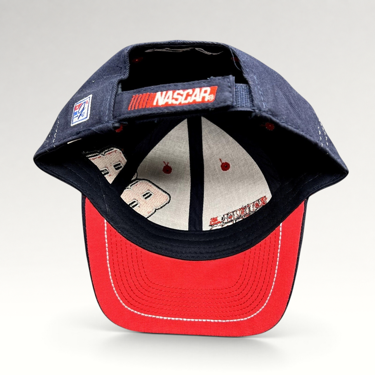 Raree Finds Dale Earnhardt Jr. #88 NASCAR hat with navy blue crown, red brim, and NASCAR hook-and-loop strap closure.