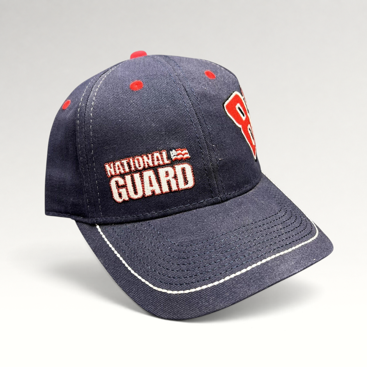 Raree Finds navy blue Dale Earnhardt Jr. #88 National Guard NASCAR hat with red embroidered details and curved brim.
