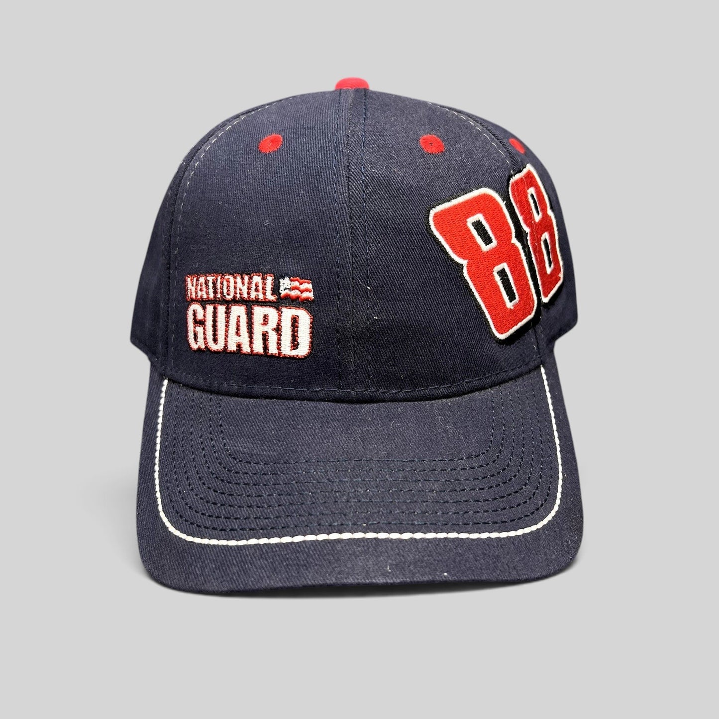 Raree Finds navy blue Dale Earnhardt Jr. #88 National Guard NASCAR hat with red embroidered graphics and curved brim