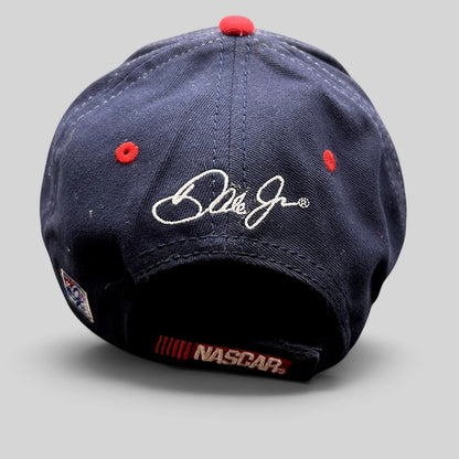 Raree Finds navy blue NASCAR hat with Dale Jr. signature embroidered on the back and red eyelet accents.