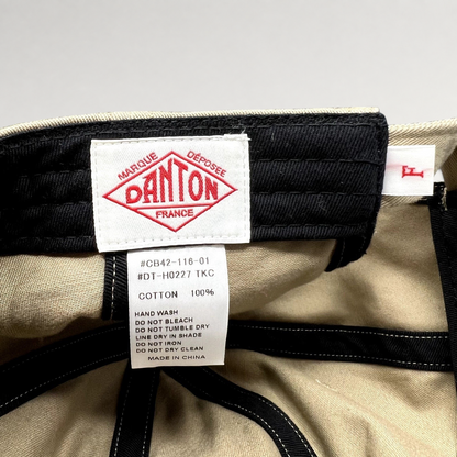Raree Finds Danton khaki cotton twill cap interior showing the brand logo label and care instructions tag