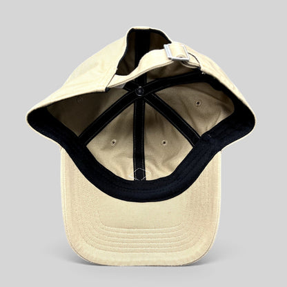 Raree Finds Danton khaki cotton twill strapback hat, interior view showing six-panel construction and metal buckle.