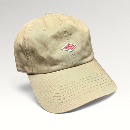 Raree Finds Danton khaki cotton twill strapback hat with red diamond logo embroidery on a six-panel cap