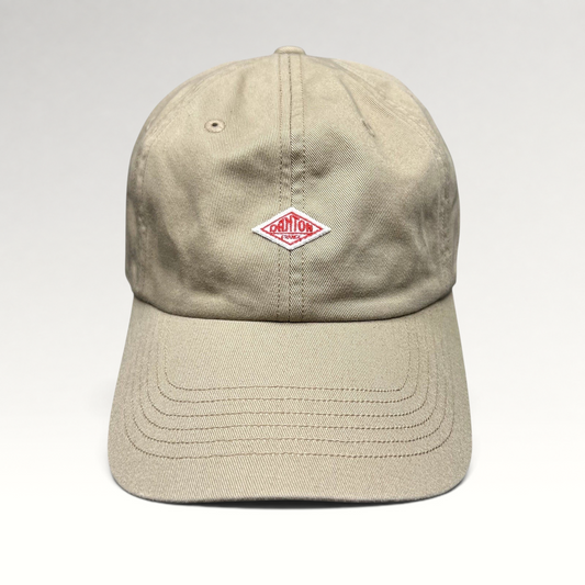 Raree Finds Danton khaki cotton twill strapback hat with an embroidered red diamond logo on the front