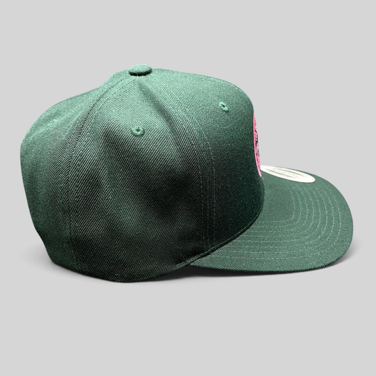 Raree Finds Penny Pound Ice dark green snapback hat with pink In Ice We Trust logo embroidery and structured crown