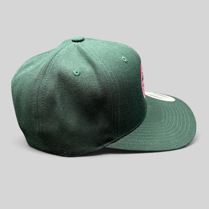 Raree Finds Penny Pound Ice dark green snapback hat with pink In Ice We Trust logo embroidery and structured crown