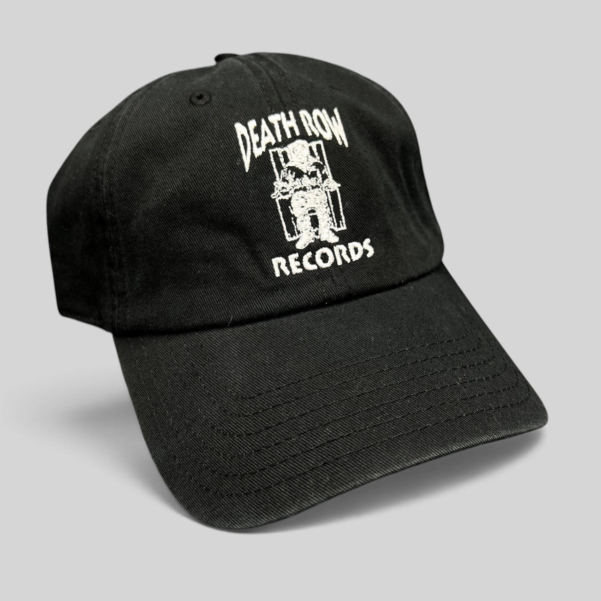 Raree Finds black cotton strapback hat with white embroidered Death Row Records electric chair logo on the front